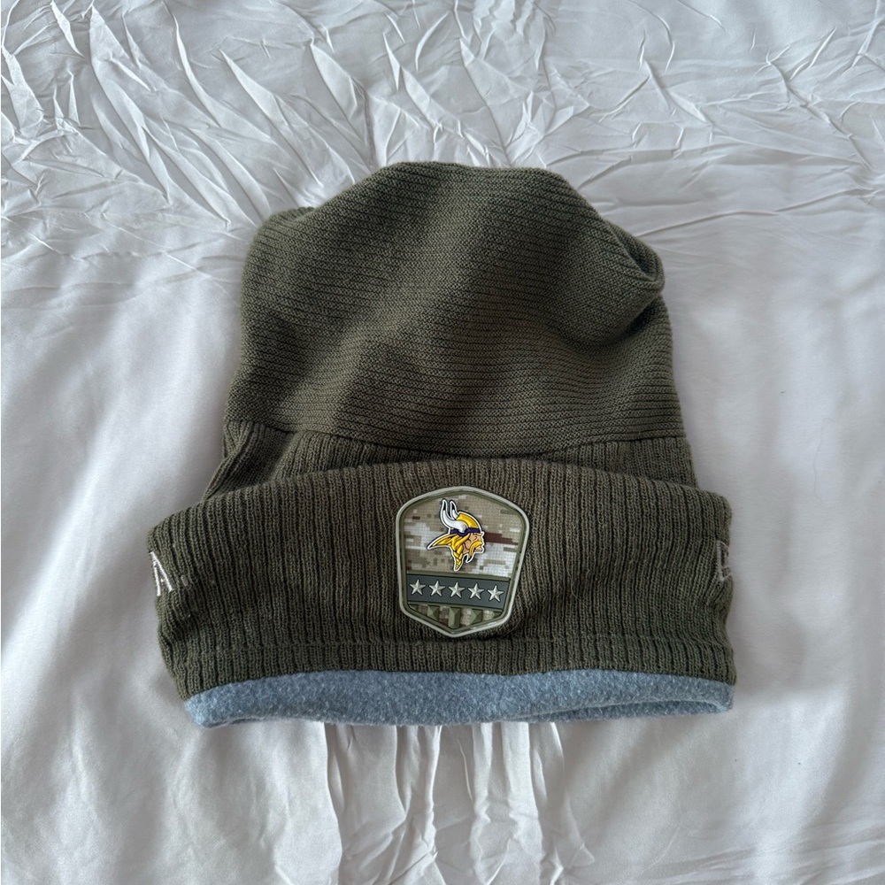 New Era Olive Green Beanie with Minnesota Vikings Patch